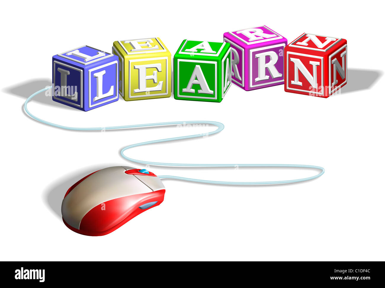 Il mouse collegati all'alfabeto lettera a blocchi che formano la parola imparare. Concetto per l'e-learning. Foto Stock