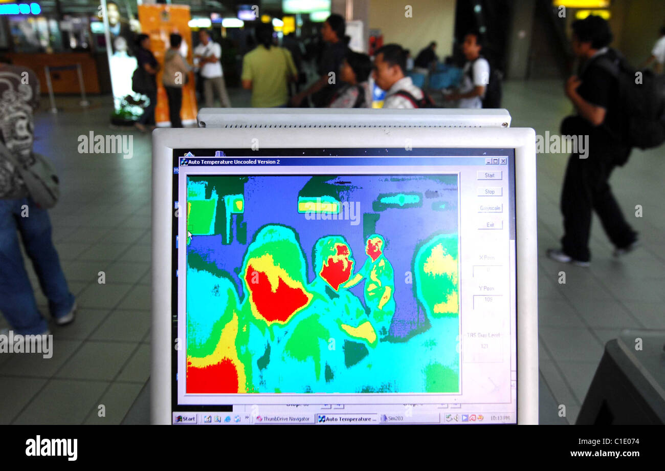 Uno scanner termico è utilizzato per controllare i passeggeri della  temperatura corporea all'arrivo all'aeroporto di Bali, Indonesia. Una serie  di misure Foto stock - Alamy