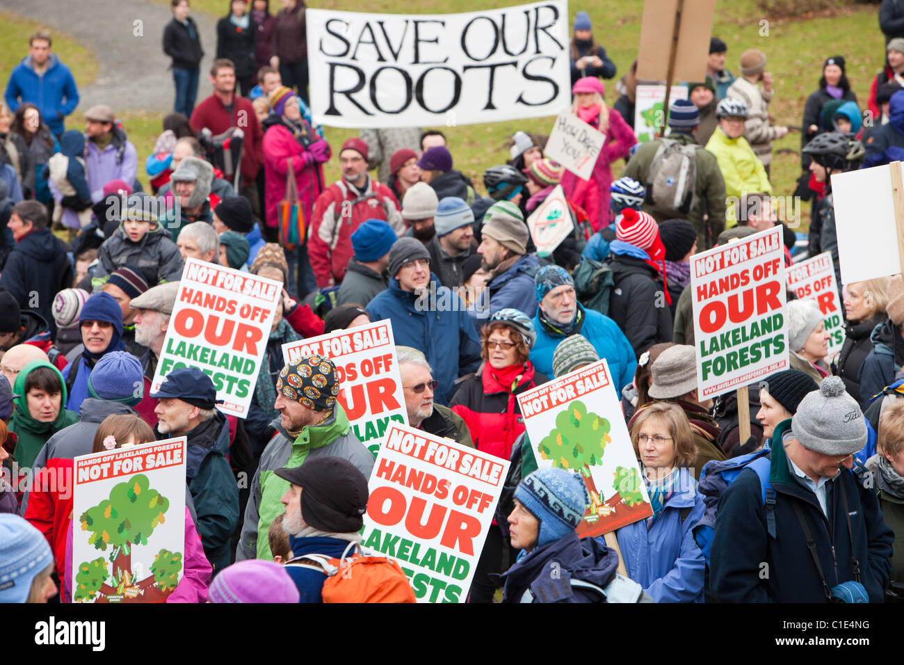 Persone che protestano in Grizedale Forest, Lake District, contro i governi proposte per vendere il territorio della Commissione forestale. Foto Stock