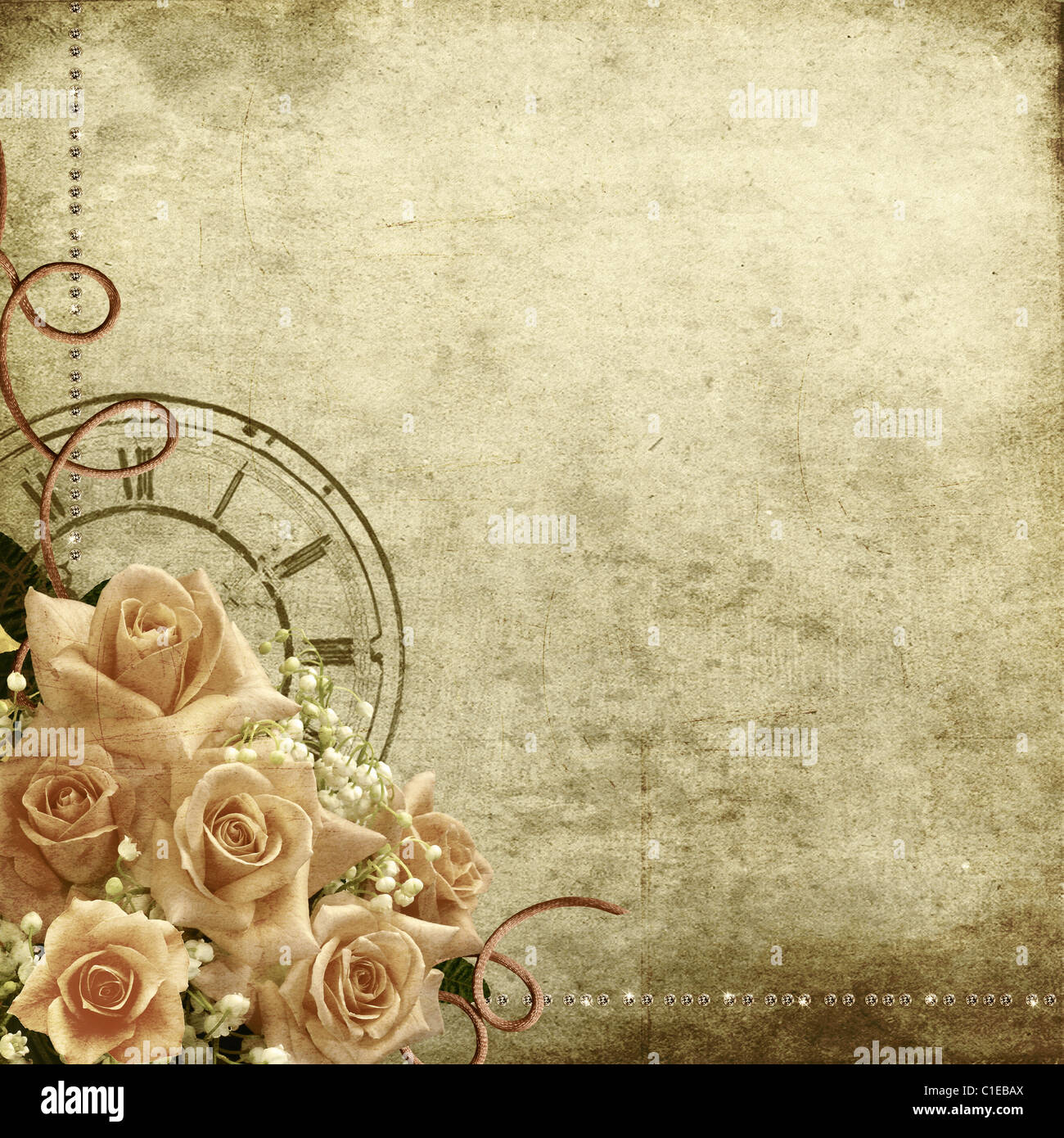 Vintage sfondo romantico con rose e orologio Foto Stock