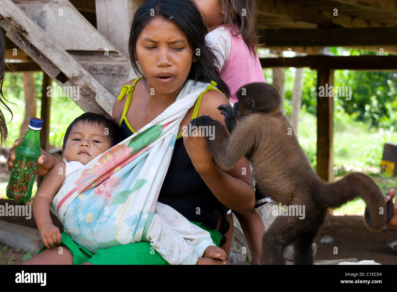 Siona persone village, profonda nel ecuadoriano giungla amazzonica (cuyabeno wildlife riserva). I locali di interagire con scimmietta Foto Stock