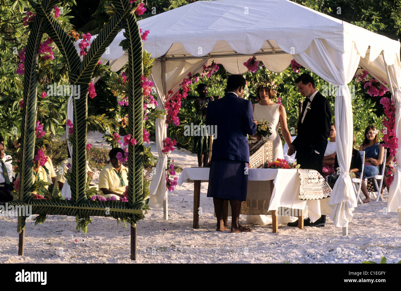 Isole Fiji, Vatuelele Isola, Sheryl e Blair Lowe's matrimonio al Island Resort Foto Stock