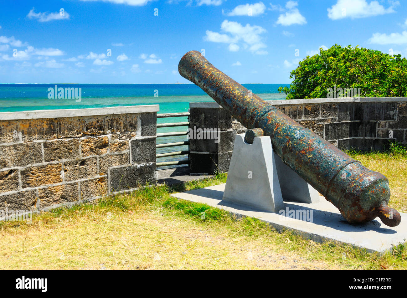 L'Anciennes batterie Francaises A la Pointe du Diable appena a sud di Petit Sable, Grand Port , Maurizio Foto Stock