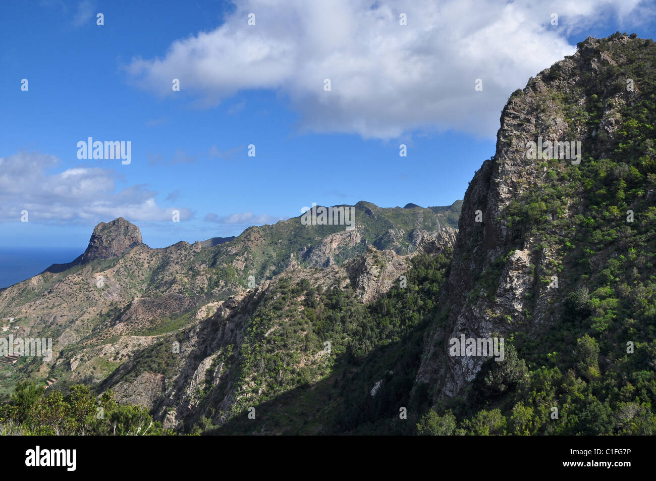 Roque Cano e Roque de Las Piedras, Vallehermoso, La Gomera, isole Canarie, Spagna Foto Stock