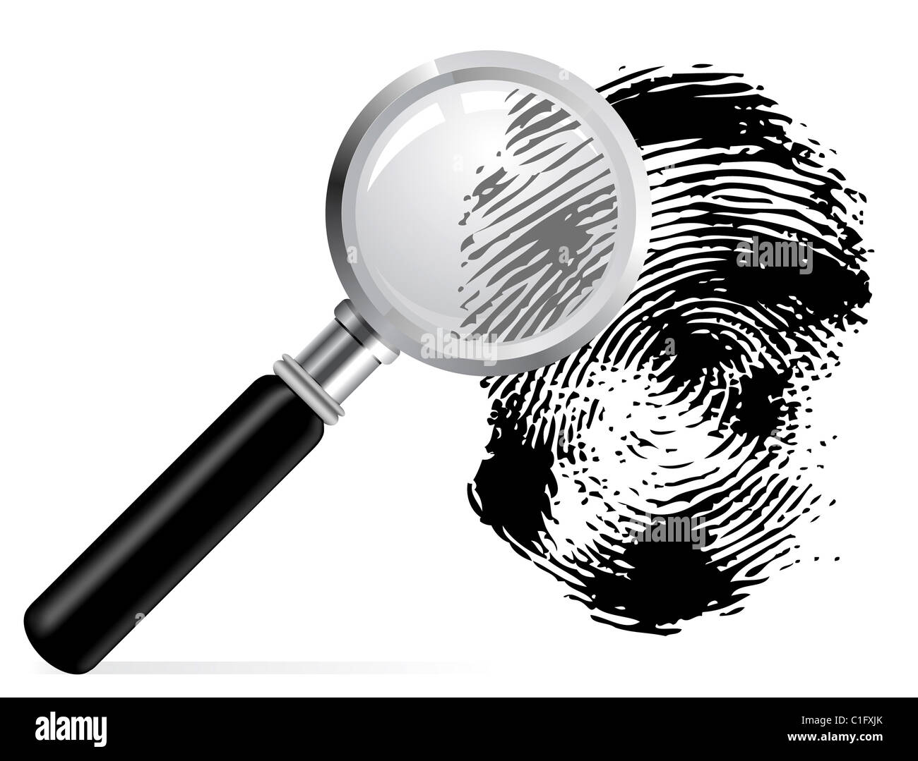 Lente di ingrandimento di scaned con impronta digitale su sfondo bianco Foto Stock