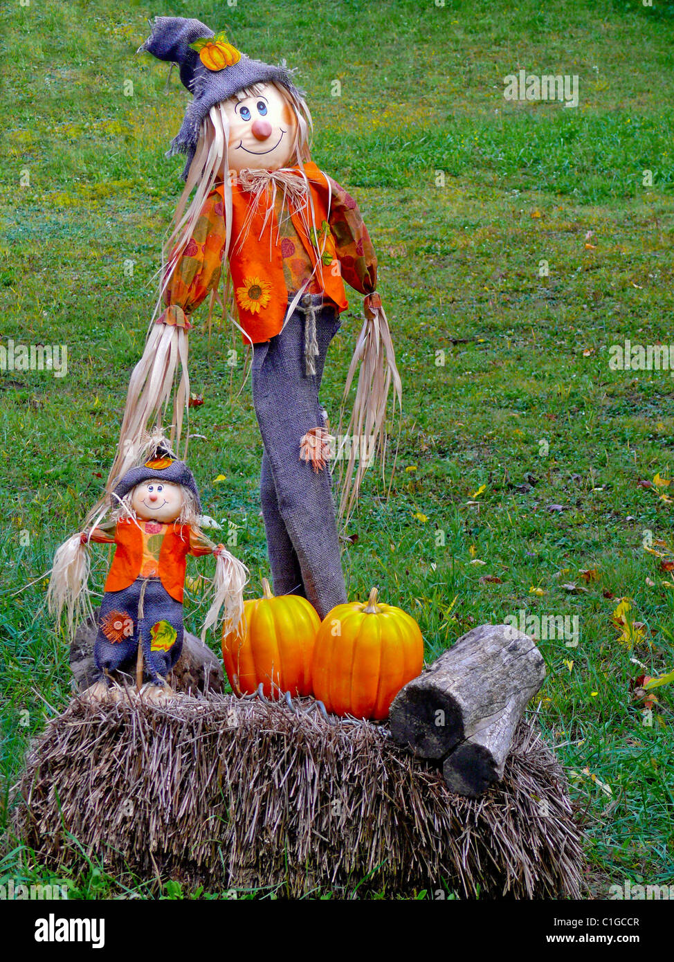 Due Scarecrows in un campo Foto Stock