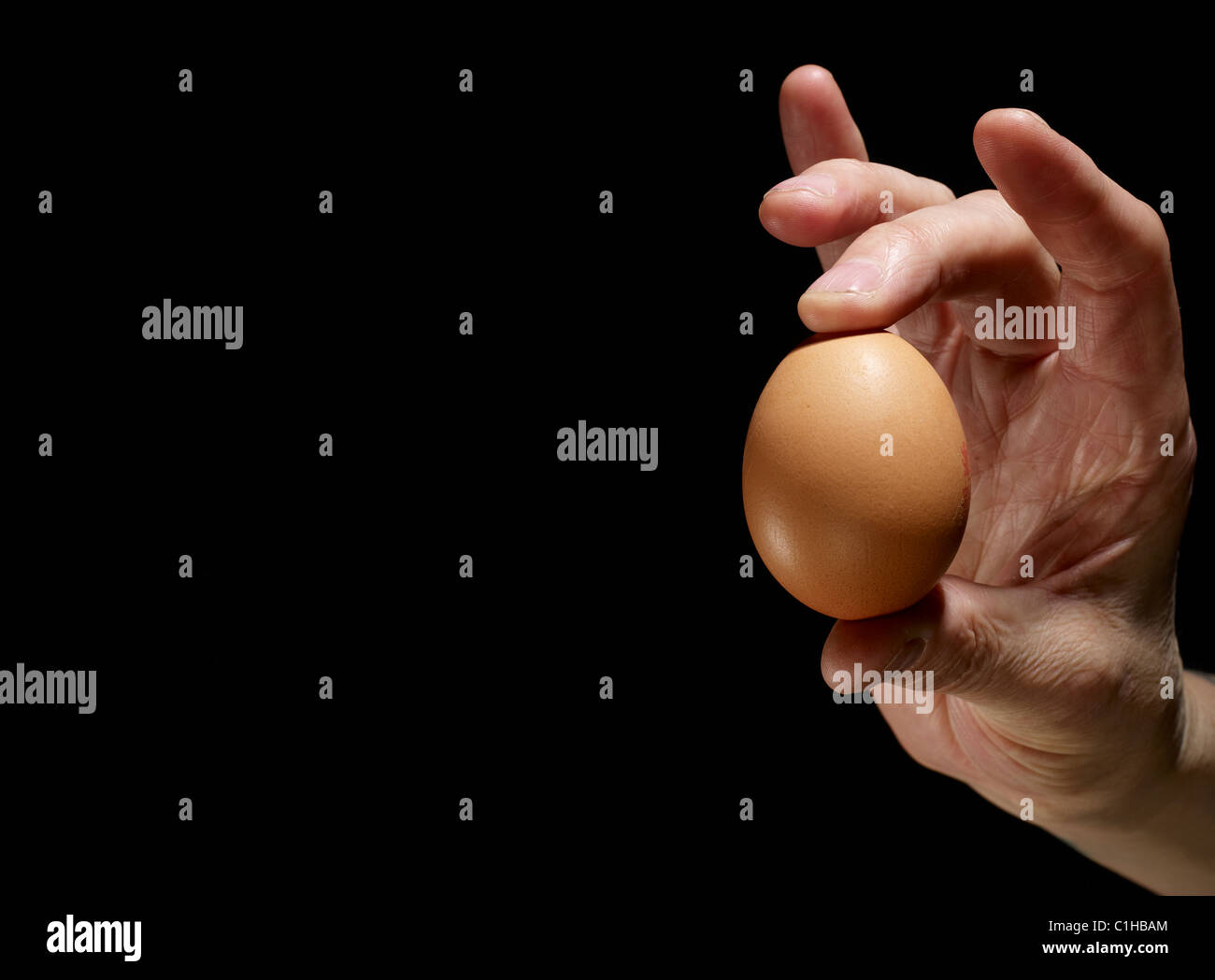 Un uovo tenuto in una mano Foto Stock