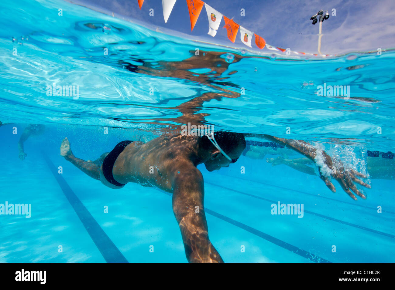 Concorrente maschio nella collegiata Orange Bowl Nuoto Classic facendo un fronte o in avanti crawl in concorrenza. Foto Stock