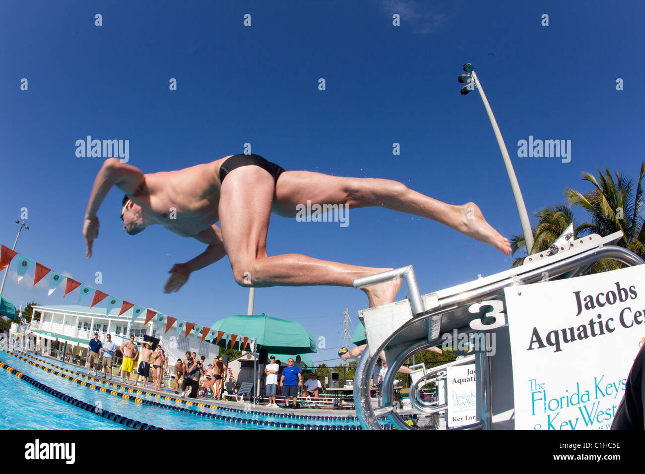 Concorrente maschio nella collegiata Orange Bowl Nuoto Classic salta fuori ai blocchi di partenza per l'ingresso di acqua all'inizio di gara Foto Stock