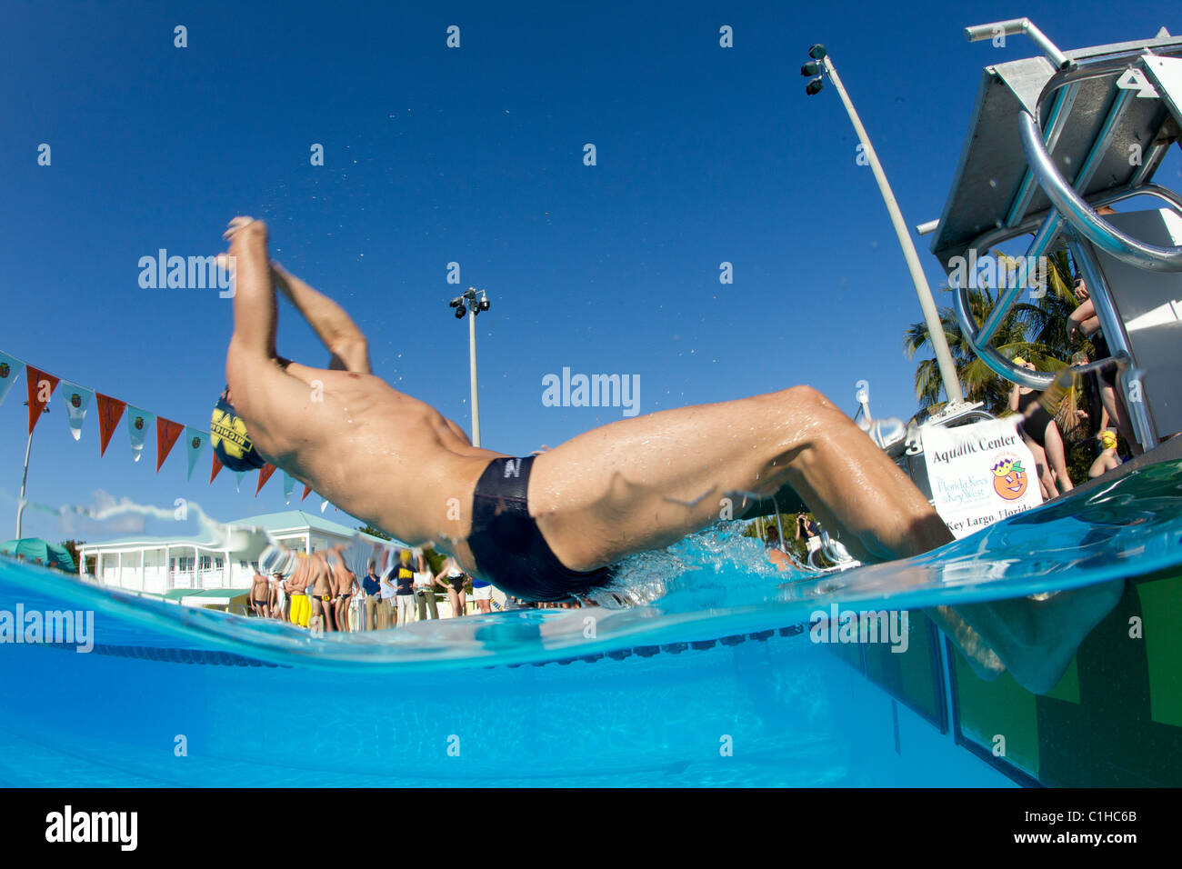 College nuotatori all'inizio di un evento di dorso, Orange Bowl Nuoto Classic Foto Stock