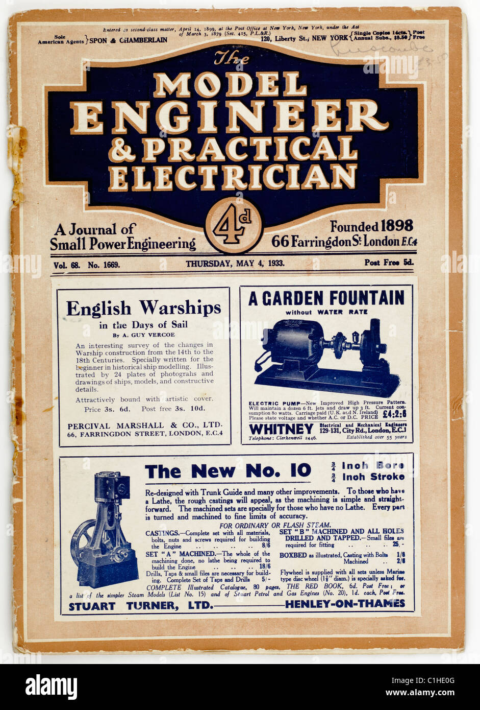 Il vecchio magazzino vintage modello tecnico e pratico elettricista in data giovedì 4 maggio 1933. Solo editoriale Foto Stock