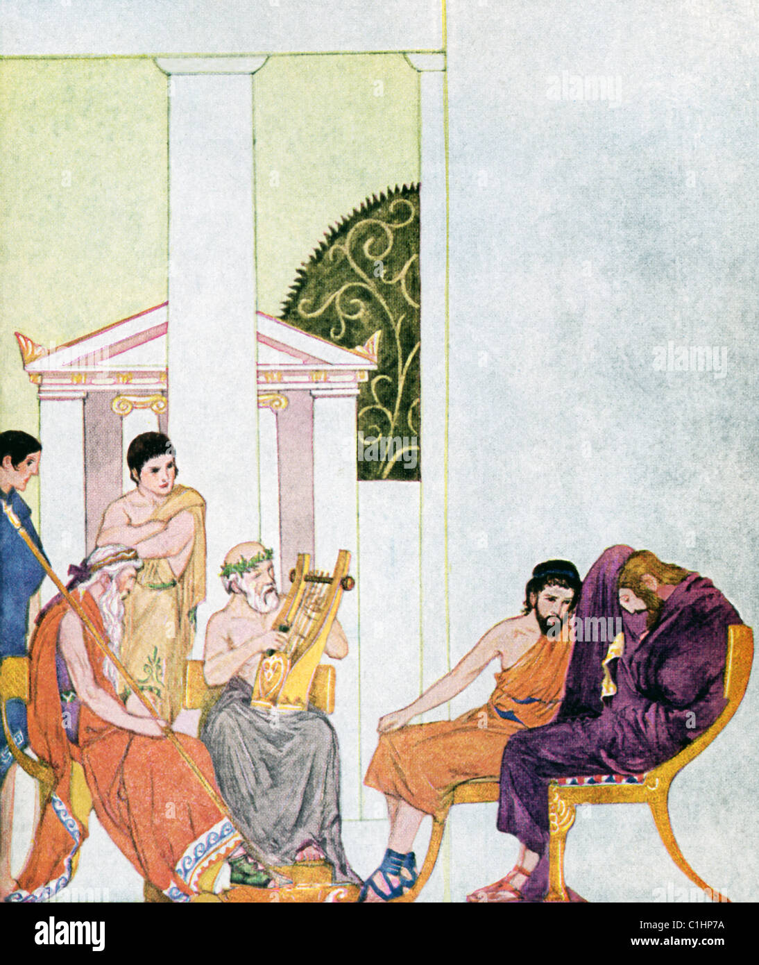 L eroe greco Odysseus, nel manto di porpora a destra, racconta la sua storia per i Feaci, come un musicista suona una lira. Foto Stock