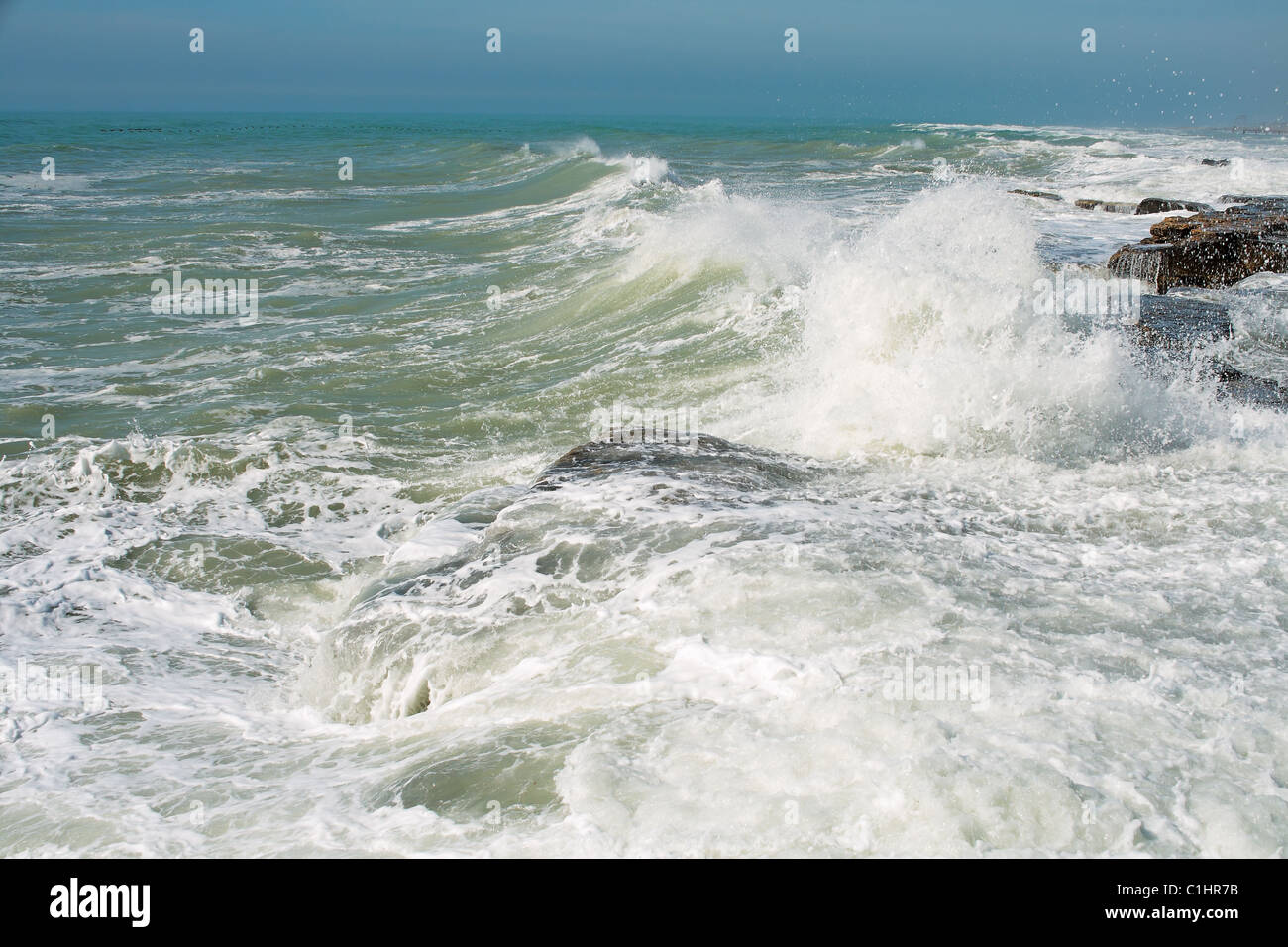 Tempesta sulla riva del mare del Mar Caspio. Mese di Febbraio. Foto Stock