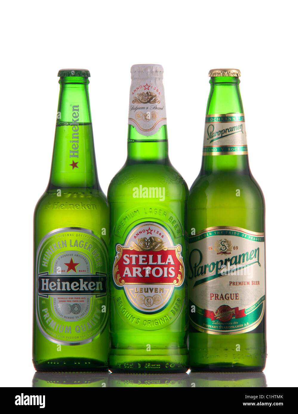 Bottiglie di birra,tre, Foto Stock