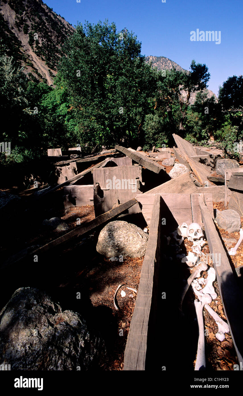 Il Pakistan, area settentrionale, il Kalash paese, cimetery in open-air Foto Stock