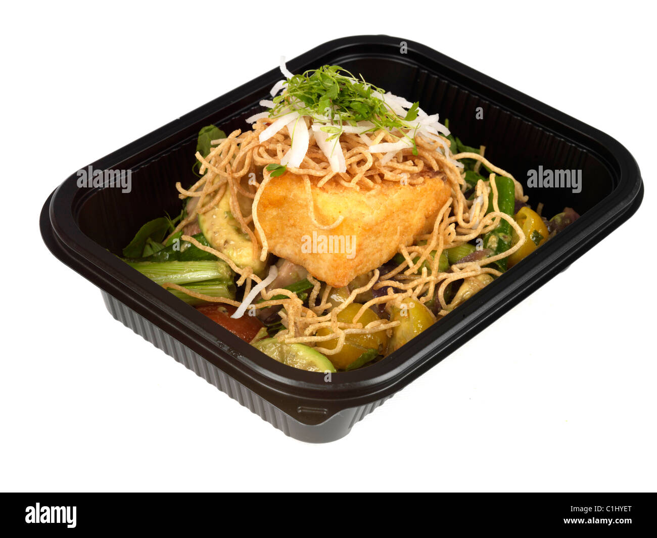 Fresca vegetariano sano stile Asiatico Insalata di tofu contro uno sfondo bianco con un tracciato di ritaglio e nessun popolo Foto Stock