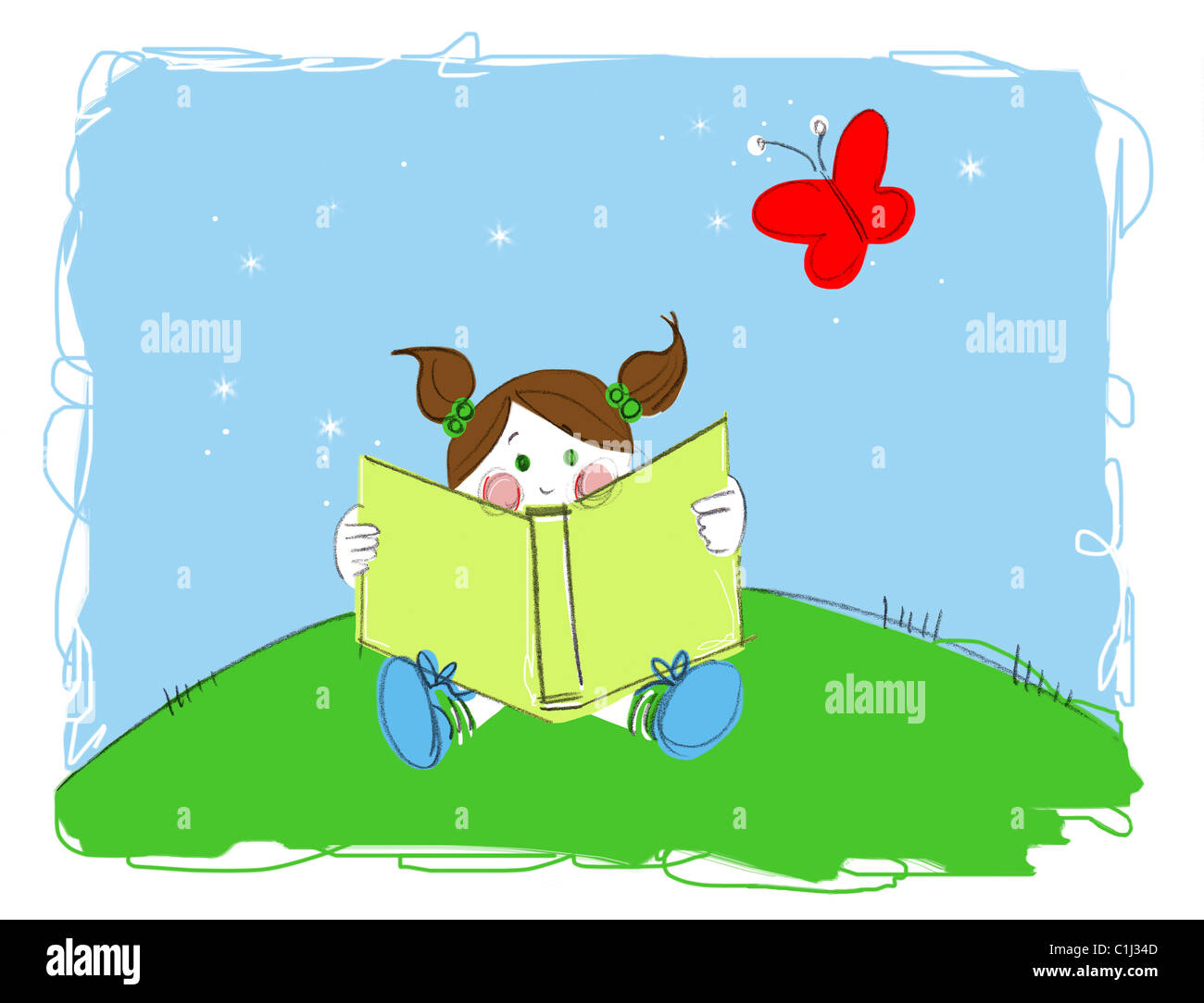 Illustrazione di una ragazza la lettura di un libro Foto Stock