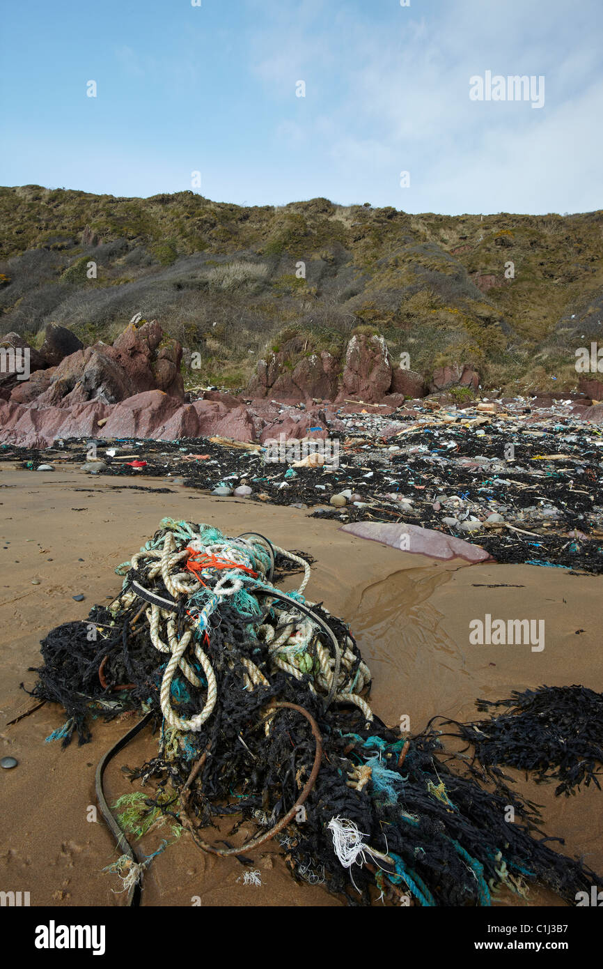 E Flotsum Jetsum, Freshwater West Beach, Pembrokeshire, Wales, Regno Unito Foto Stock