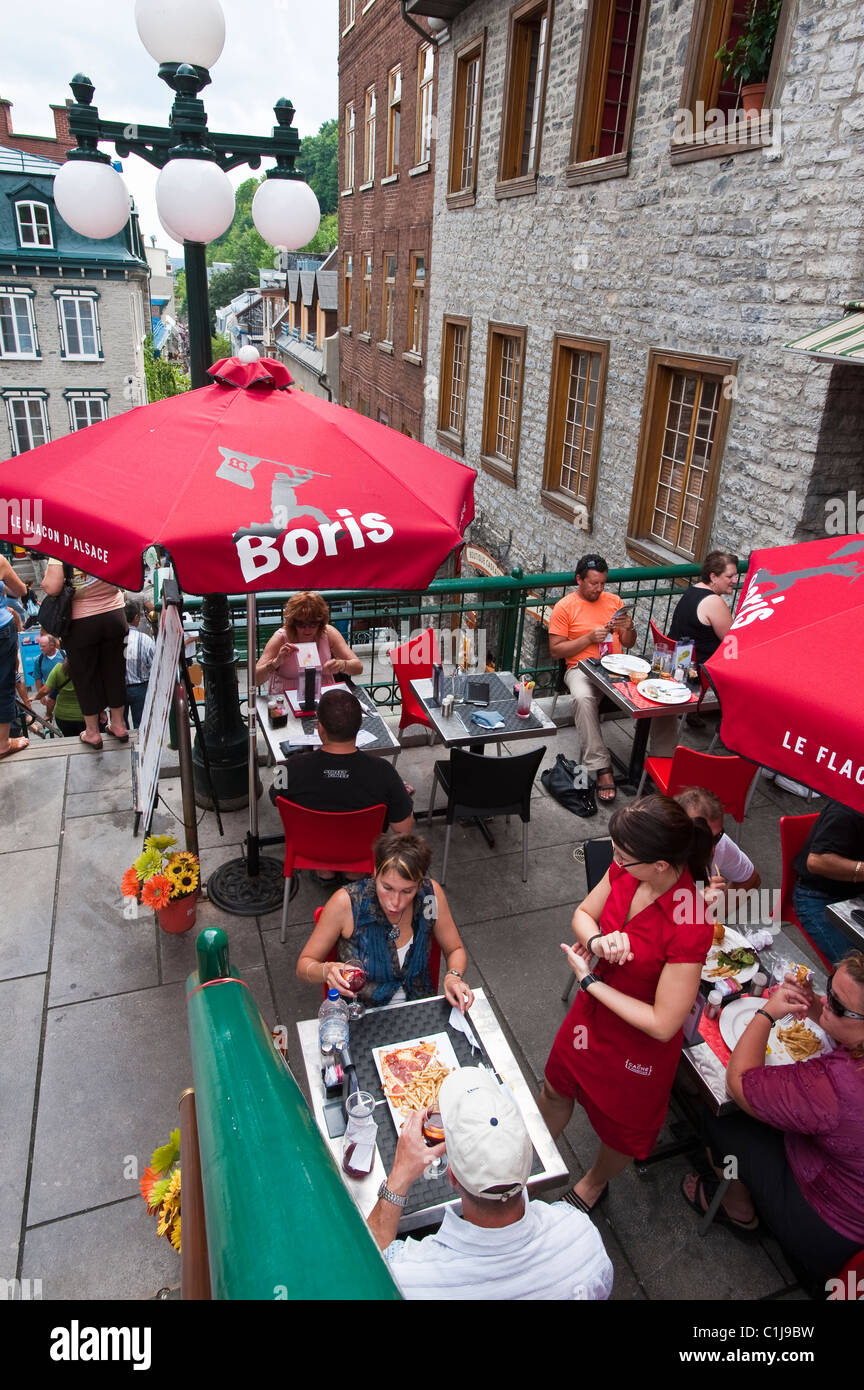 Quebec City, Quebec, Canada. Rue du Petit Champlain (Little Champlain Street), Città Vecchia. Foto Stock