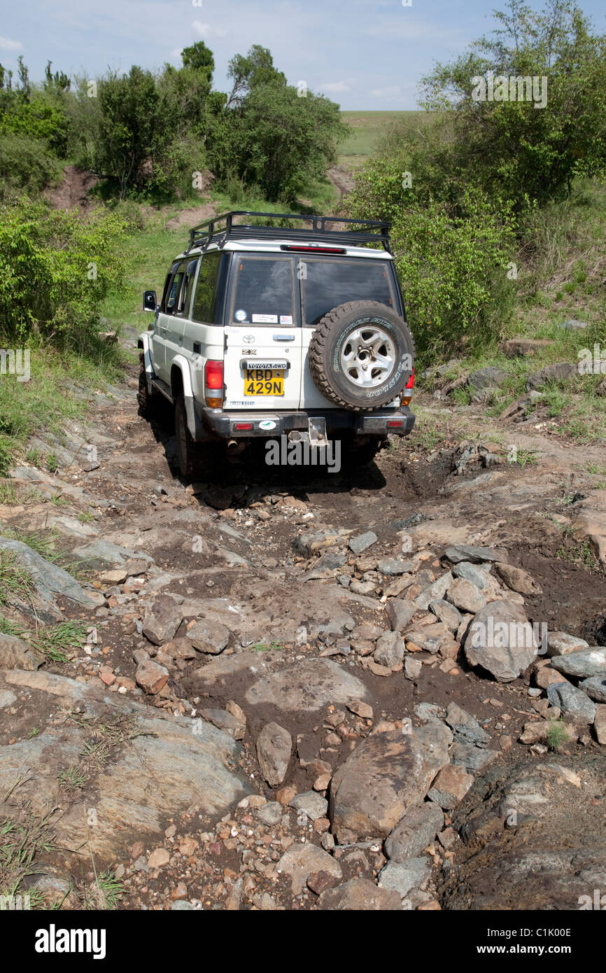 Vista posteriore Toyota 4X4 Landcruiser la guida verso il basso Rocky Gully Masai Mara Kenya Foto Stock