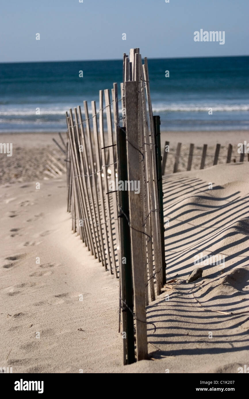 Recinzione di spiaggia su una giornata invernale Foto Stock