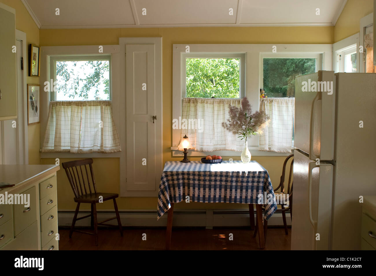 Una piccola cucina di paese è bagnato dal sole nel Berkshires del Massachusetts. Vedere tall porta stretta per asse da stiro pieghevole Foto Stock