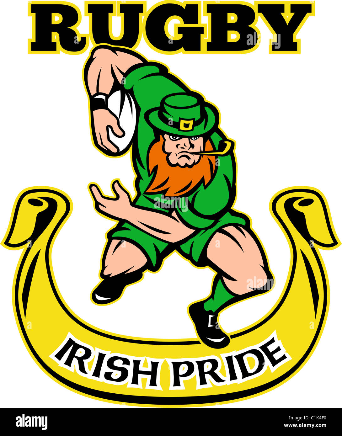 Illustrazione di un cartoon leprechaun irlandese giocatore di rugby in esecuzione con sfera indossando hat scorrere le parole " Irish Rugby orgoglio' Foto Stock