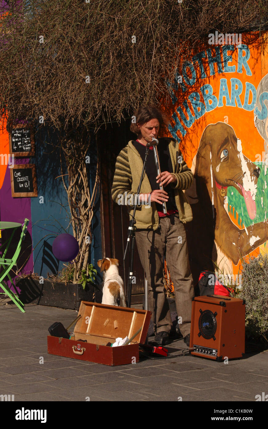 Busker riproduzione di un flauto, Kinsale, County Cork, Irlanda Foto Stock