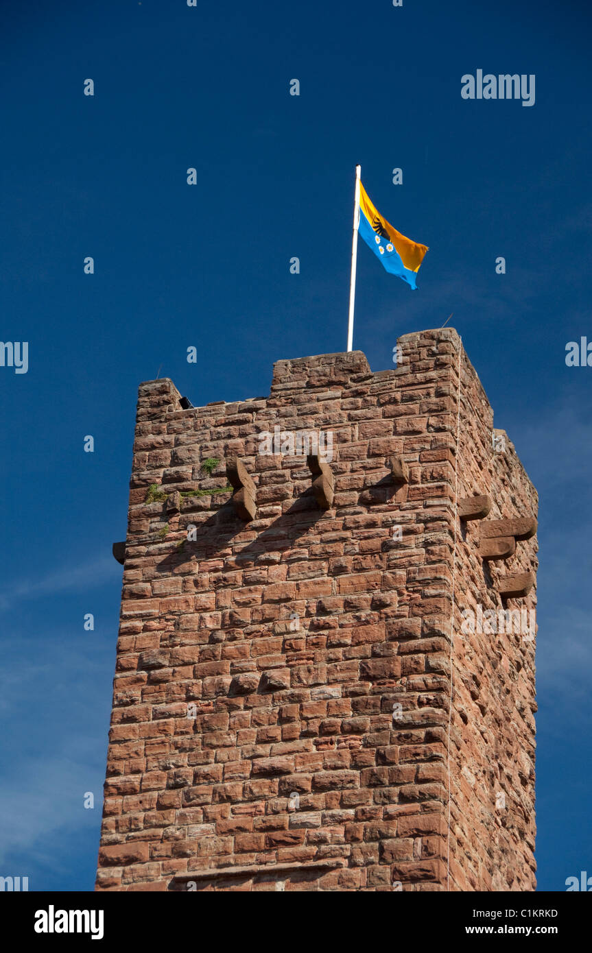 Germania, Franconia, Wertheim. Rovine del XII secolo il castello di Hohenburg, bandiera torre. Foto Stock