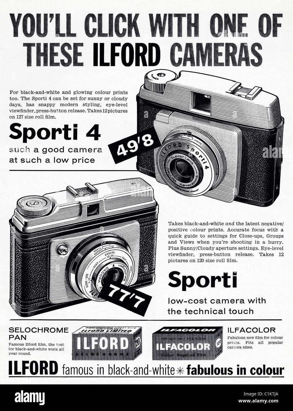 Annuncio originale negli anni sessanta del ragazzo rivista hobby per ILFORD SPORTI telecamere su pellicola Foto Stock