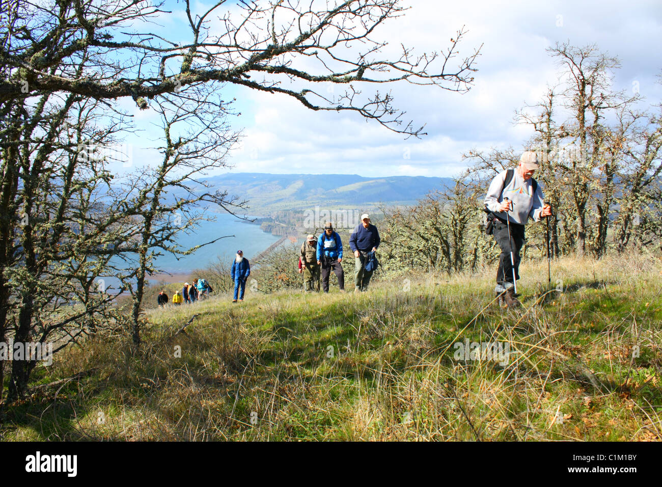 Gli escursionisti 40,250.06922 appartenenti agli amici della Columbia Gorge approfittare di una bella giornata di primavera in alto sopra il fiume Columbia. Foto Stock Gli escursionisti 40,250.06922 appartenenti agli amici della Columbia Gorge approfittare di una bella giornata di primavera in alto sopra il fiume Columbia. Foto Stock