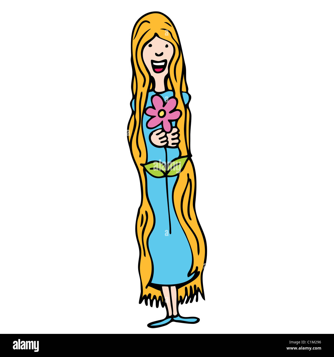 Una immagine di una ragazza hippy con i capelli lunghi tenendo un fiore. Foto Stock
