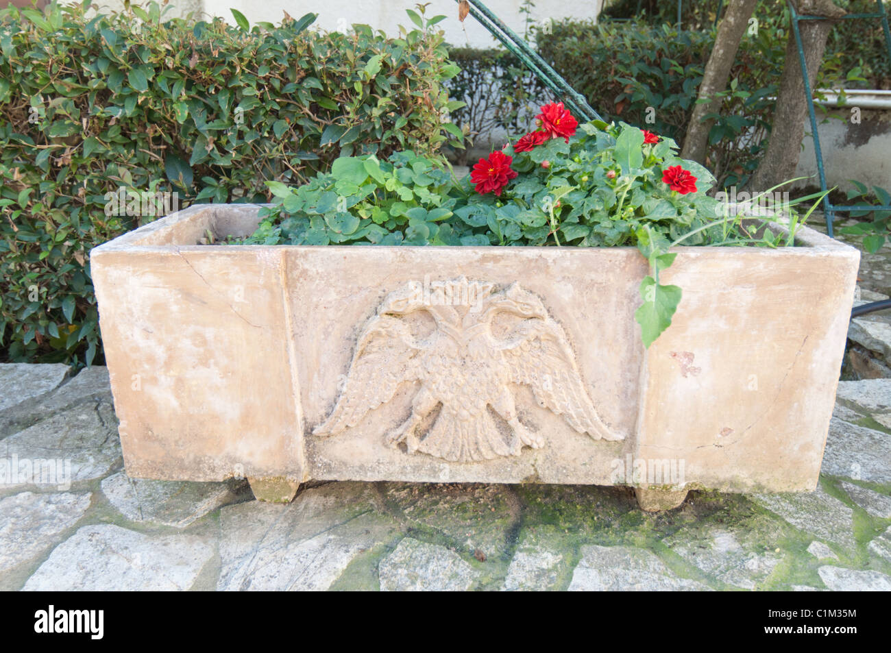 Close up di un contenitore per fiori situato sui terreni del monastero di Sant'Agostino e Serafini Sarof. Foto Stock