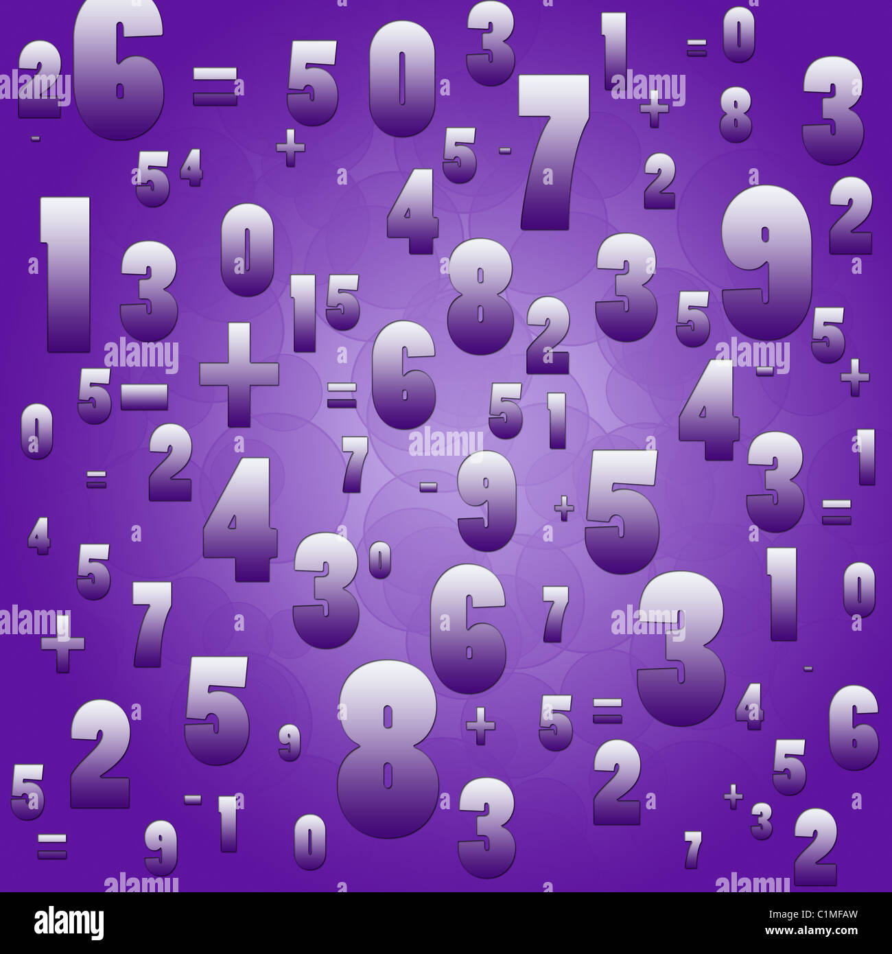 Matematica i numeri e i segni su sfondo viola Foto Stock