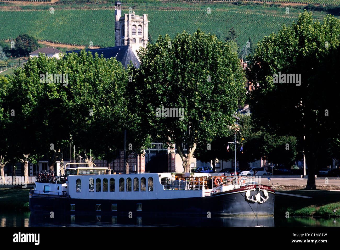 Francia, Yonne, Joigny, Saint Thibault chiesa e i bordi del fiume Yonne Foto Stock