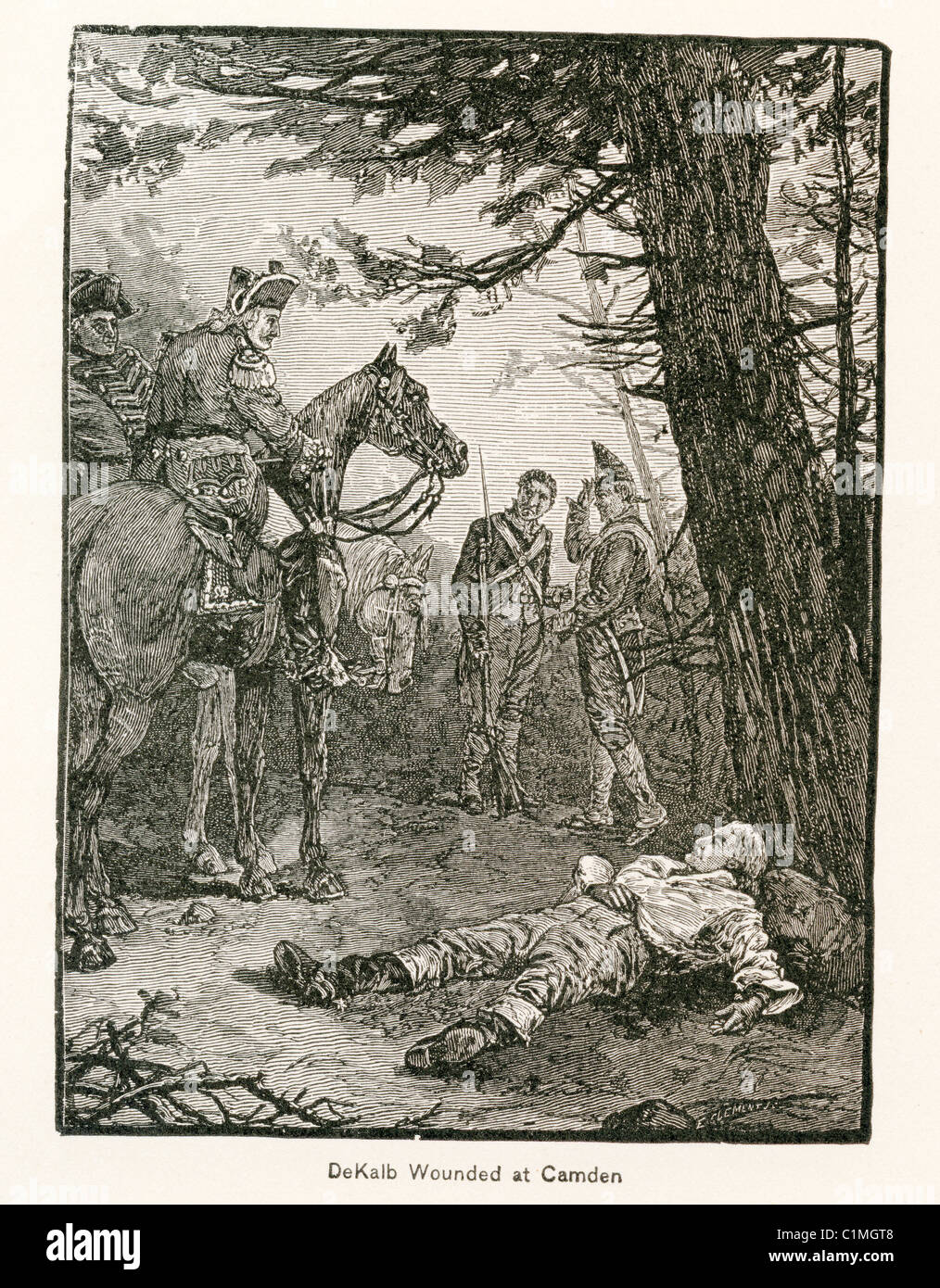 Vecchia litografia di Johann De Kalb essendo feriti - maggiore generale nell'esercito continentale durante la guerra rivoluzionaria americana Foto Stock