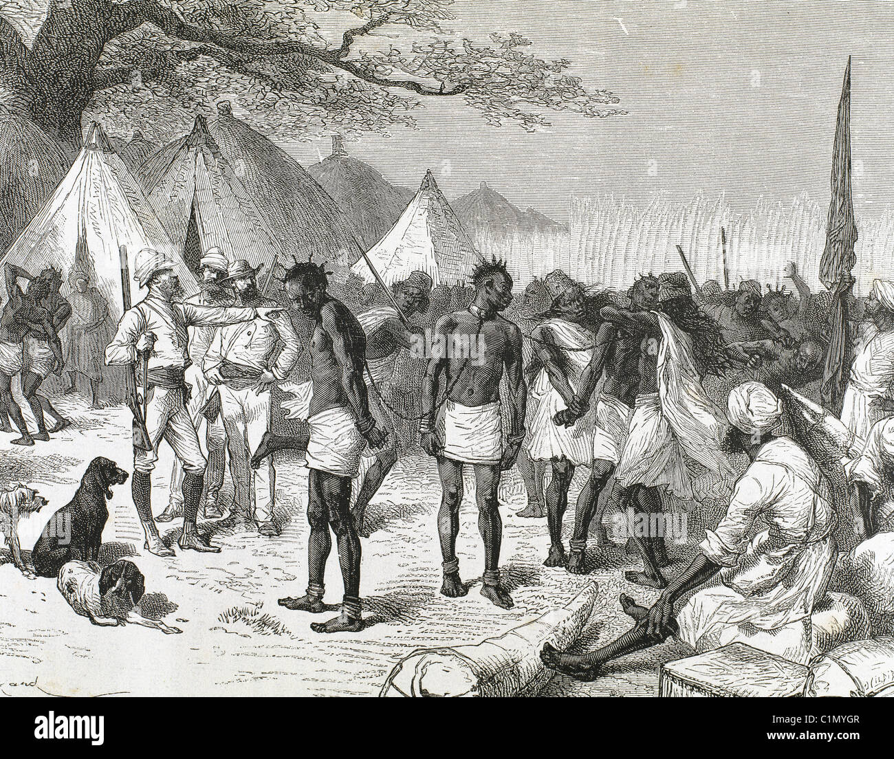 Mercato di schiavi di Zanzibar. Incisione di Hildebrand (1882). Foto Stock