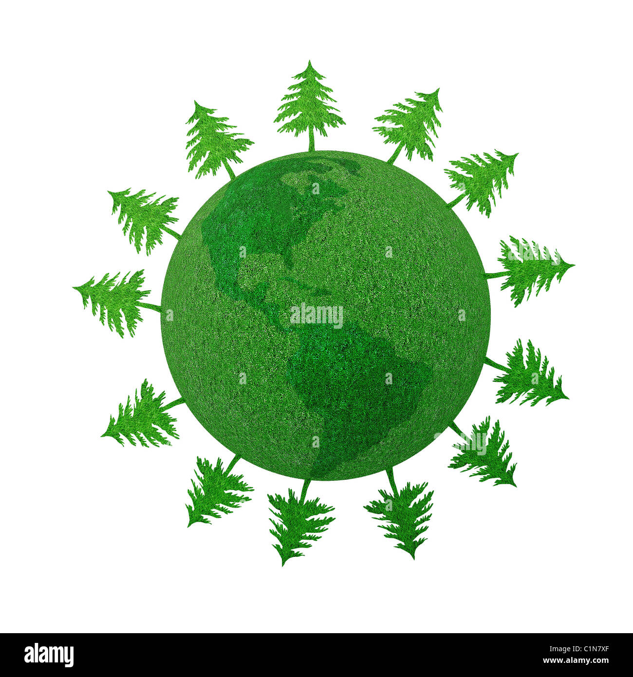 Alberi di conifere di crescere intorno al globo verde - isolato su bianco Foto Stock
