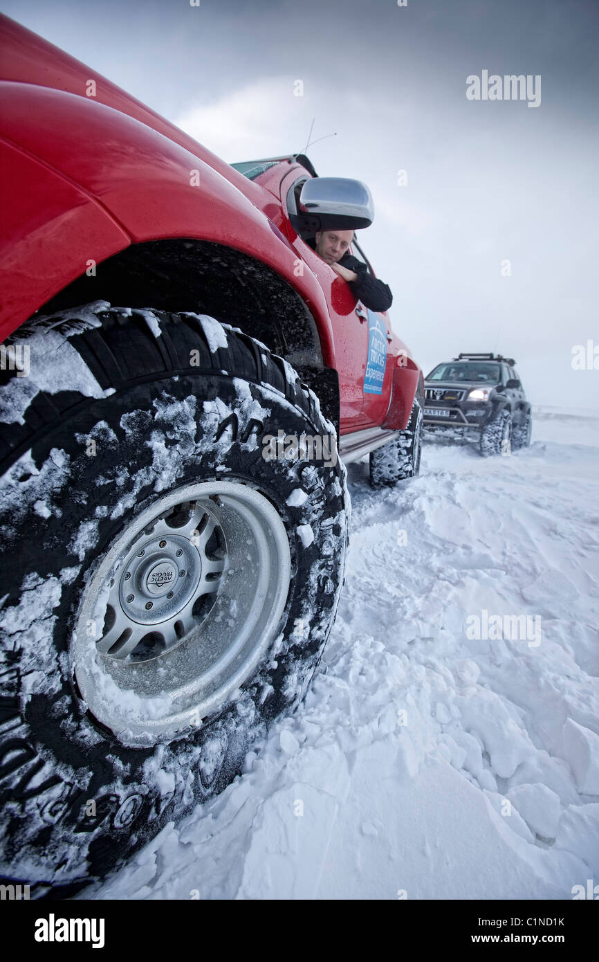 Tour in jeep, Langjokull calotta di ghiaccio, Islanda Foto Stock