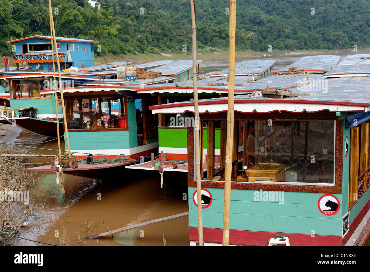 Laos, Oudomxai provincia, Pakbeng, barche sul fiume Mekong Foto Stock