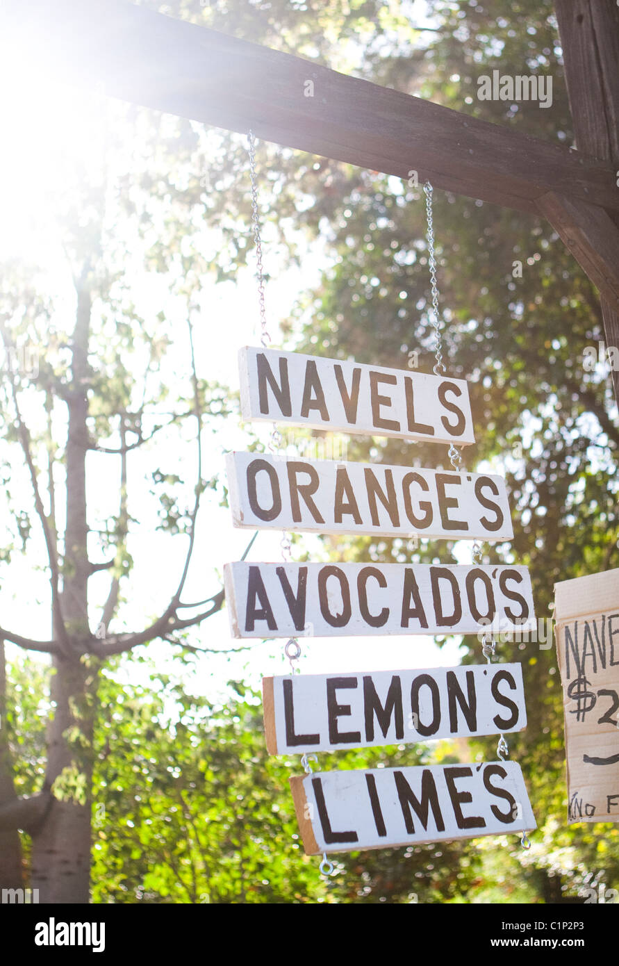 Un segno per le arance, i limoni e gli avocadi per la vendita in corrispondenza di un bordo strada onore stand in Ojai, ca. Foto Stock