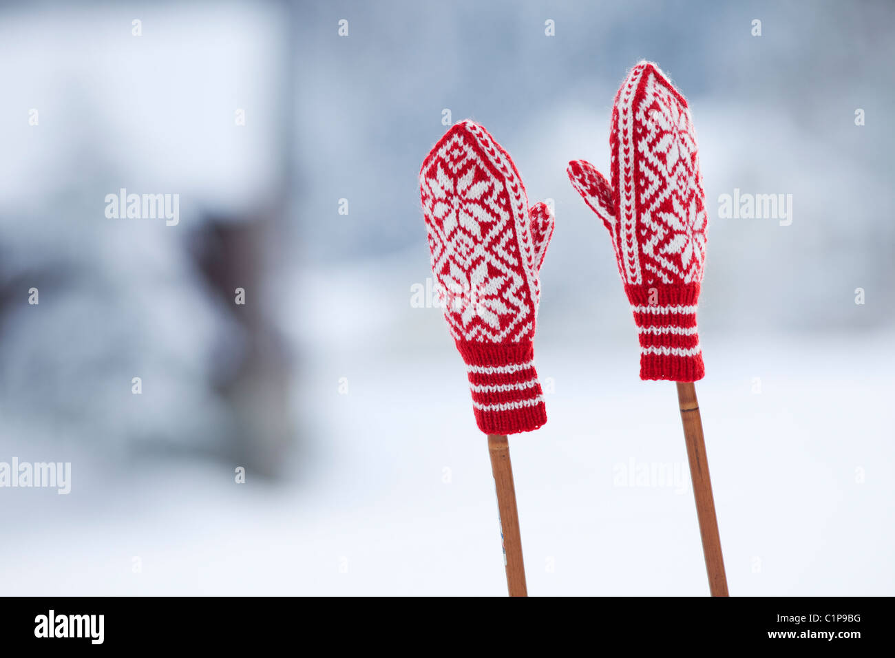 Due guanti di lana su bastoncini da sci Foto Stock