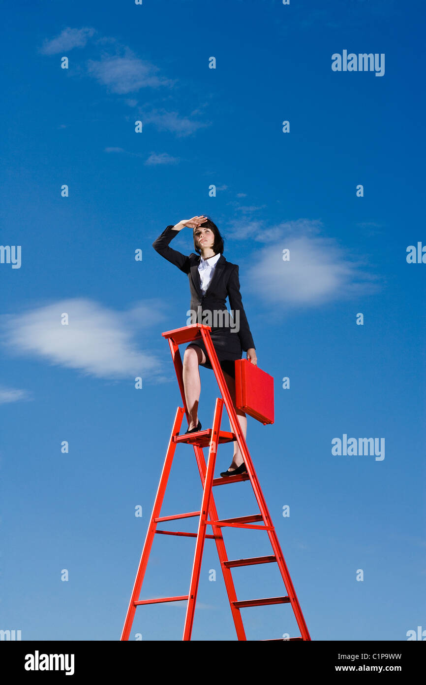 Imprenditrice con valigetta rosso permanente sulla parte superiore della scaletta rosso contro il cielo blu e gli occhi di schermatura Foto Stock