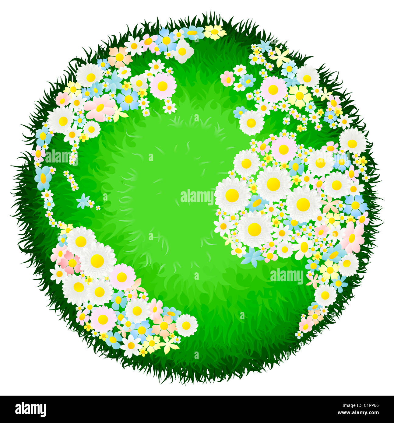 Un mondo globo terrestre con continenti fatto di fiori e mari come l'erba. Concetto per questioni ambientali o la pace. Foto Stock