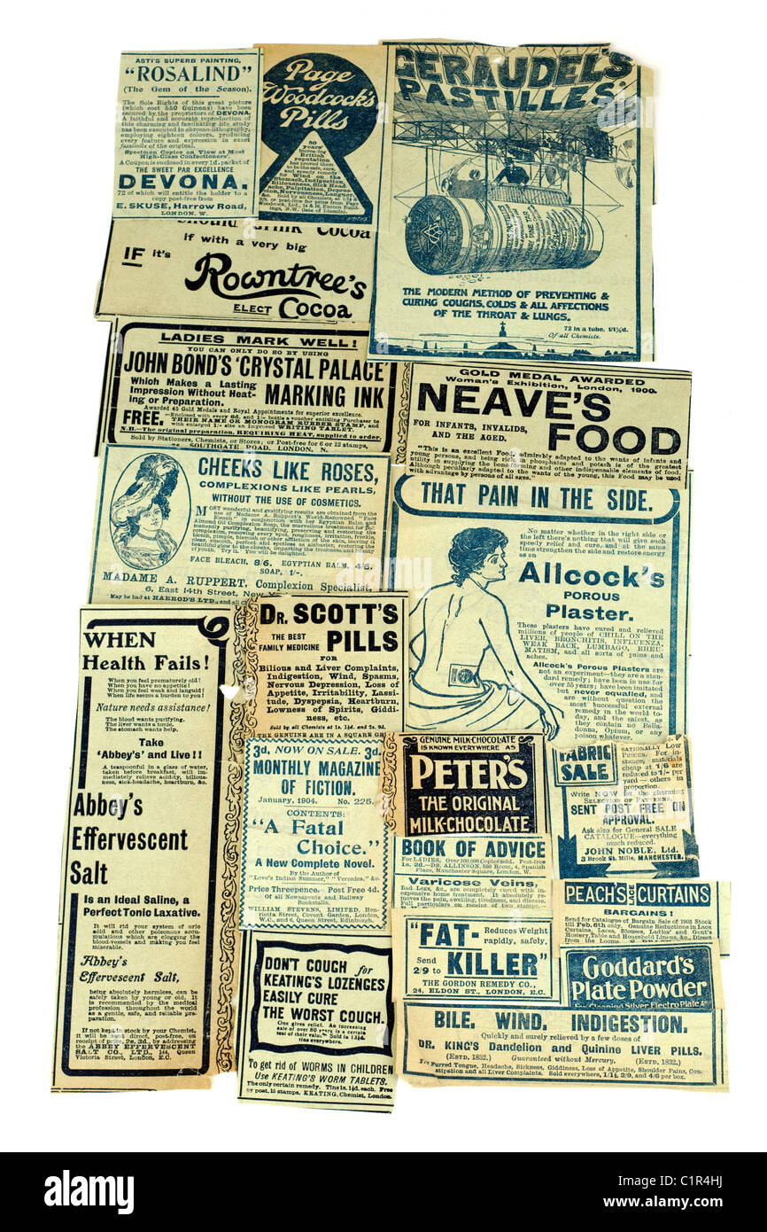 Selezione di drink vintage salute e remedy annunci pubblicitari " ritagli di giornale " di diversi prodotti. EDITORIAL ONL Foto Stock