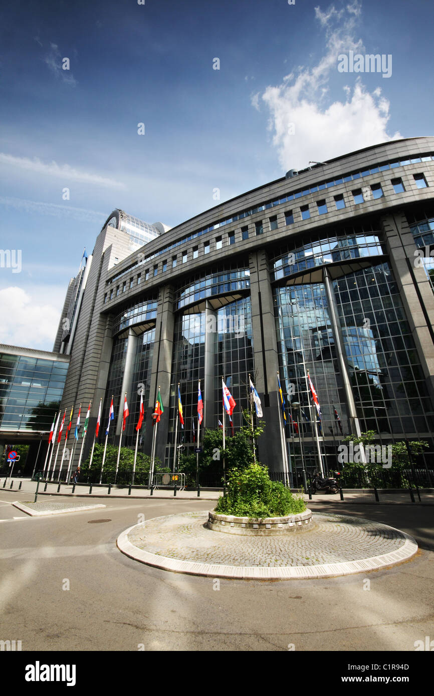 Bandiere di fronte al Parlamento europeo - Bruxelles, Belgio Foto Stock