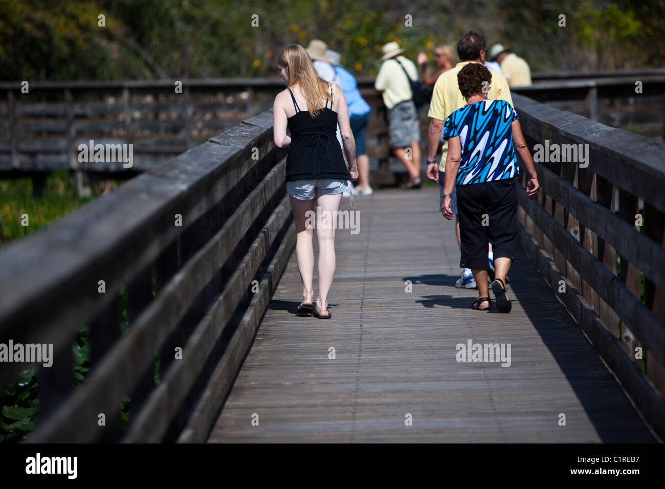 La gente che camminava sul marciapiede elevato, Verde Cay zone umide, Florida, Stati Uniti d'America Foto Stock