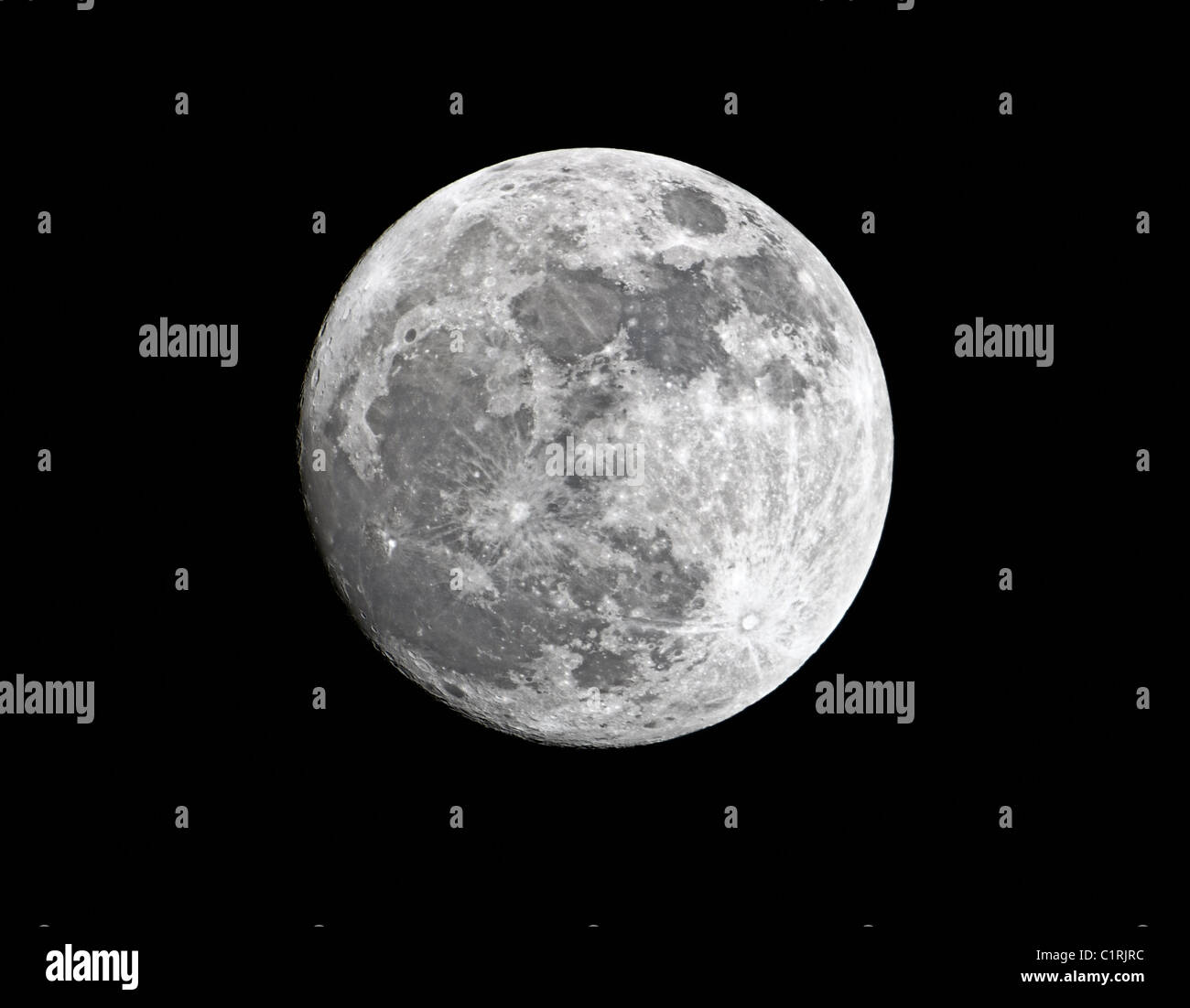 Close-up di ceratura gibbous super luna, 98% di pieno, vicino al suo perigeo, adottate il 18 marzo 2011 Foto Stock