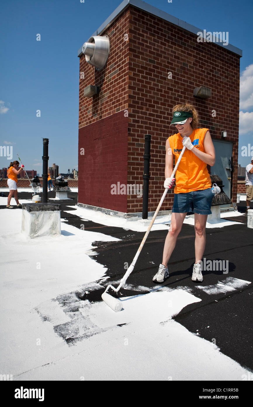 Vernice volontari Bronx, NY tetto con specializzato materiale di rivestimento che ha una elevata riflettanza solare ed emissività nell'infrarosso Foto Stock