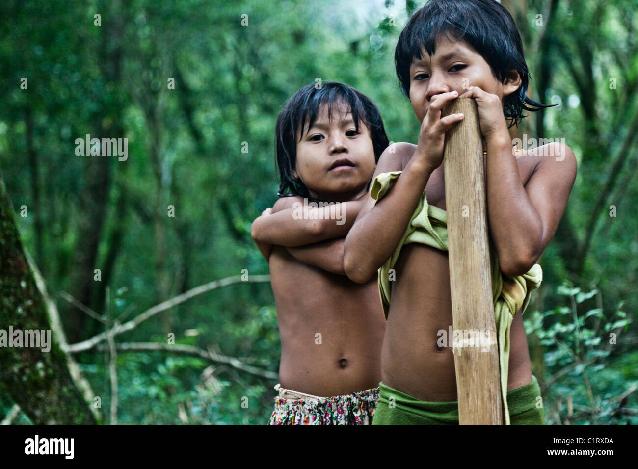 Mbya Guarani di residenti di aldea Katupyry vicino a San Ignacio, Misiones, Argentina, con i tradizionali fatti a mano gli strumenti. Foto Stock